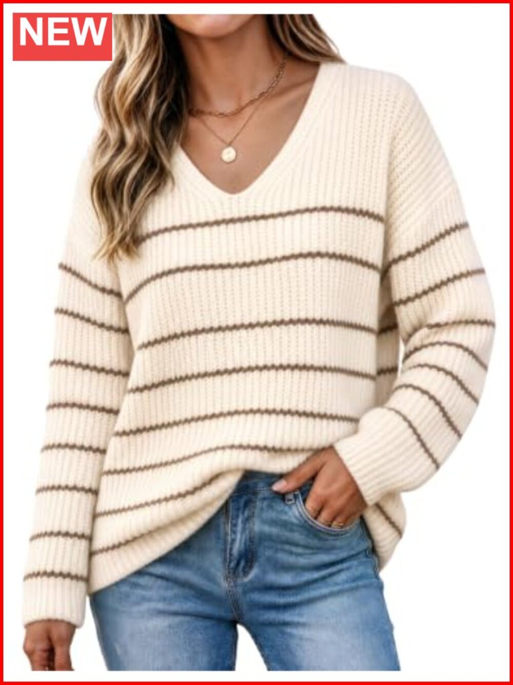 Womens V Neck Long Sleeve Striped Pullover Light Comfy Sweater